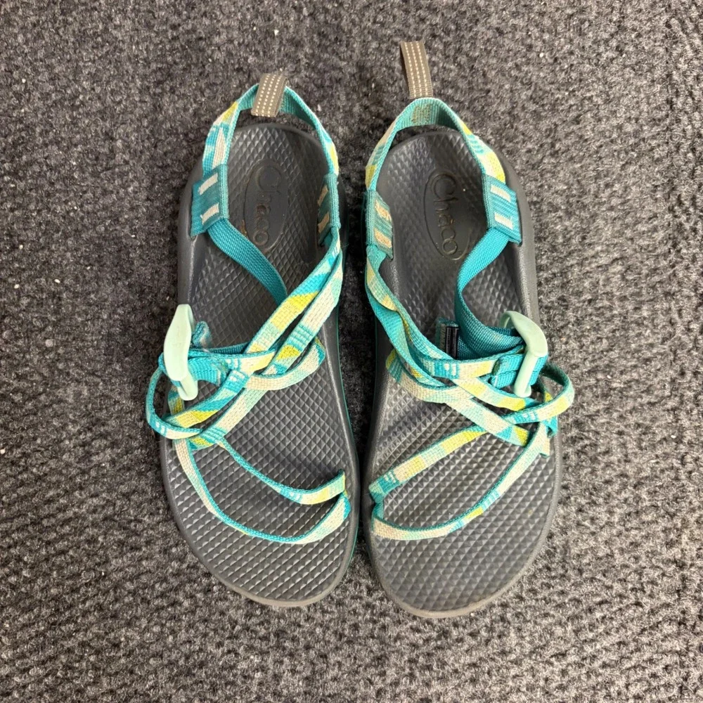 Chaco Z Cloud Kids Size 4 Teal Yellow Double Strap Hiking Sandals J106611